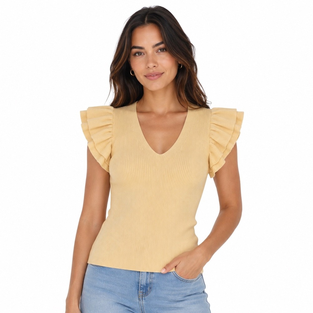 Express Yellow Ribbed‎ Ruffle Sleeve V-Neck Knit Top Sweater Size M